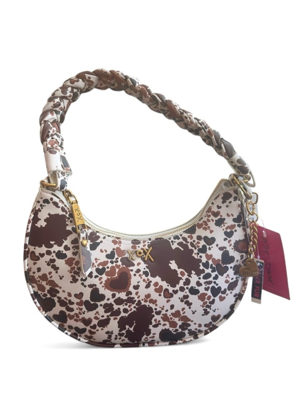 Betsey Johnson Cow Print/Hearts Crescent Shoulder Bag with Braided Strap (NWT)